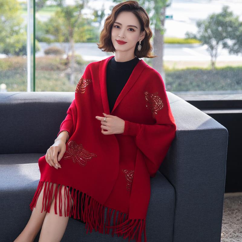 钉珠玫瑰披肩婚礼妈妈配旗袍外搭冬喜婆婆礼服斗篷外套0926e