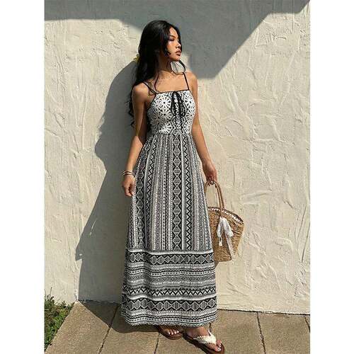 Geometric Print Halter Sleeveless Dress  French Vintage