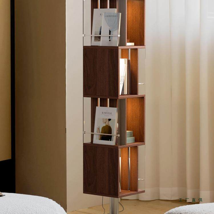 旋转书架中古风书报架带氛围灯展示柜实木杂志架置物落地复古书柜