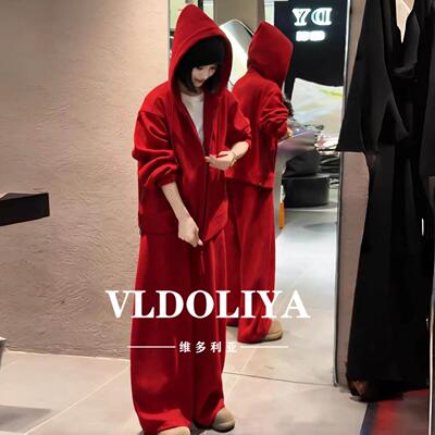 VLDOLIYA维多利亚休闲运动套装女春季新红色连帽卫衣阔腿裤两件套