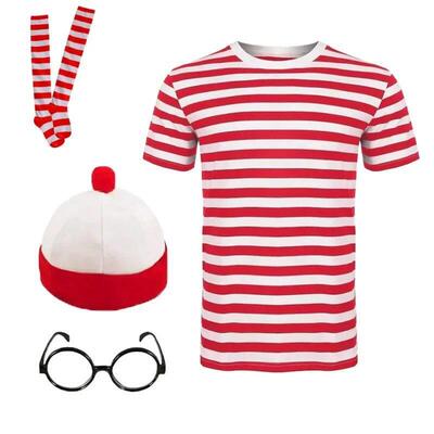 Wheres Waldo Family Wally Cosplay Costume Short Sleeves Glas