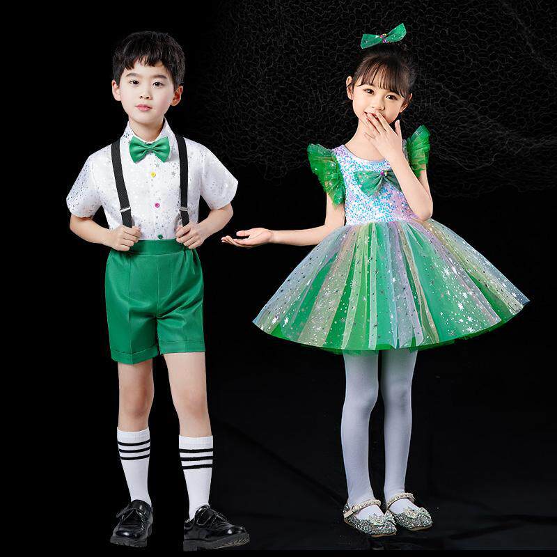 新款儿童演出服女童蓬蓬纱裙绿幼儿园舞蹈服大班口才合唱表演服装