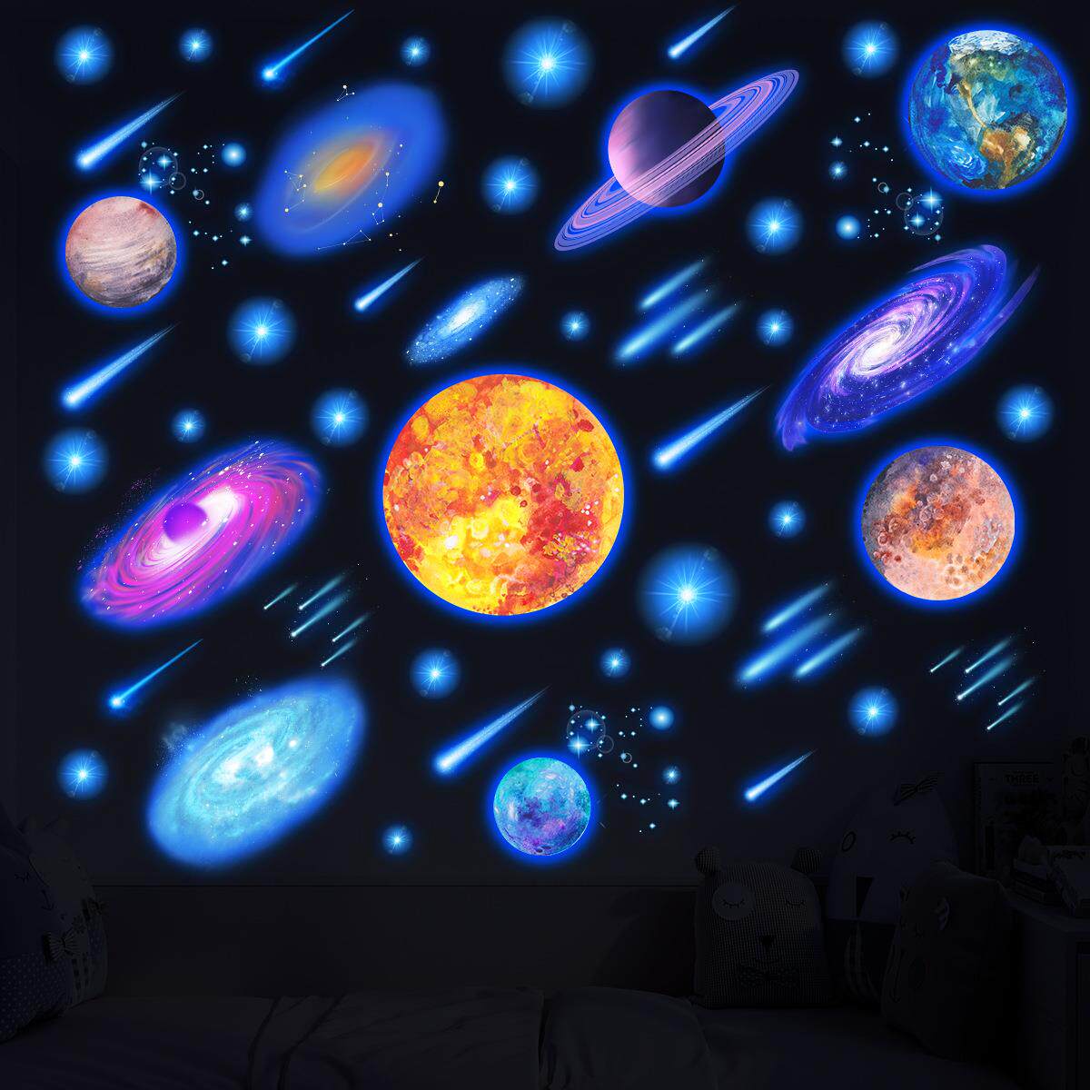 银河系夜光贴彩色太阳系星球黑洞儿童卧室房间自粘装饰荧光贴纸画