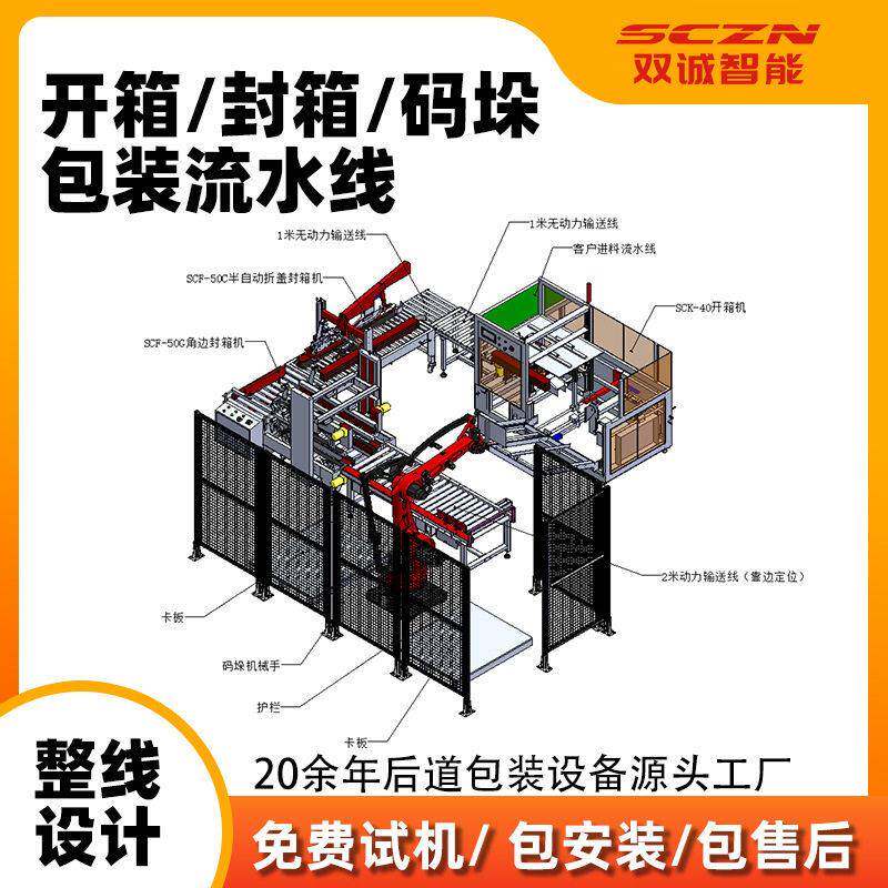 自动开箱机折盖角边工字型封箱机码垛机器人搬运移载纸箱包装线