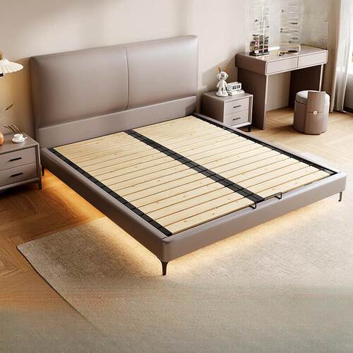 小户型超薄床头意式轻奢主卧大床真皮床可定制尺寸齐边软包双人床