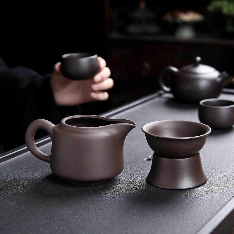 紫砂公道杯茶滤分茶器茶漏一体公杯陶瓷茶具茶漏套组过滤组合三件