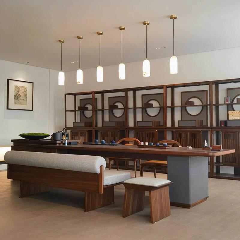 正品新中式黑胡桃木现代客厅茶组桌椅合禅意高端实木室办公长条茶