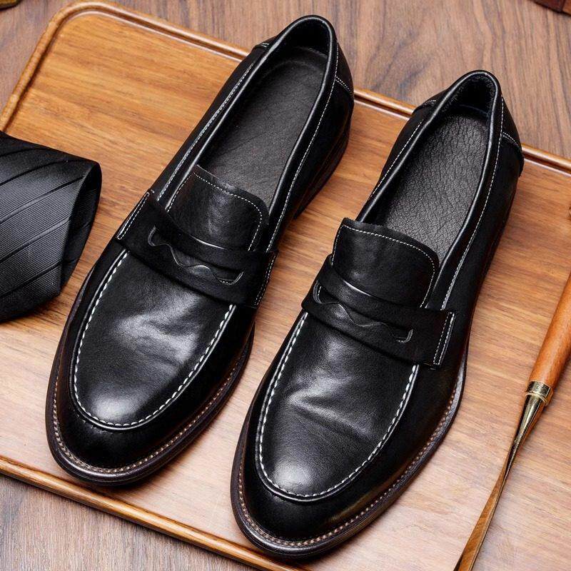 休闲皮鞋男款水洗马皮手工固特异乐福鞋皮底夏季透气懒人鞋大码