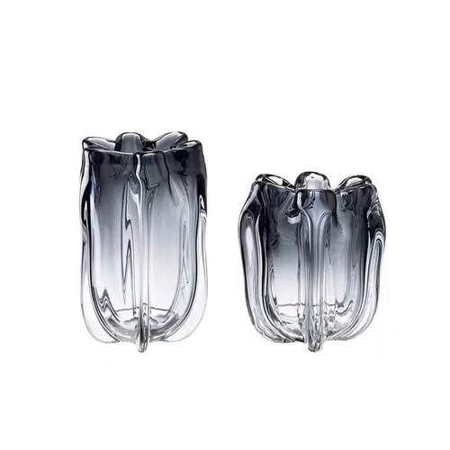 现代轻奢灰色花瓣口琉璃花瓶餐桌电视柜家居客厅玄关装饰插花摆件