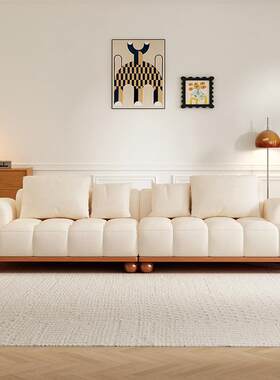 法式中古风沙发油蜡皮钢琴键软体轻奢极简客厅小户型直排实木沙发