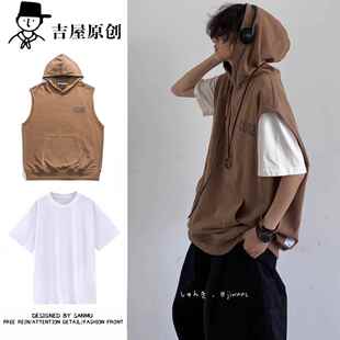 日系复古连帽字母印花汗背心男女宽松套装 新款 单件夏季 两件装