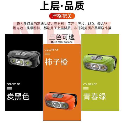 跨境轻量化强光头灯智能感应头灯便携式充电夜钓鱼小头灯