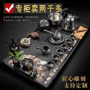 家用全自动一体流水客厅景观雾化茶台 整块乌金石茶盘功夫茶具套装