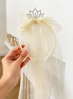 皇冠头饰儿童头纱生日发箍女孩公主配饰女童头箍仙美网纱拍照周岁