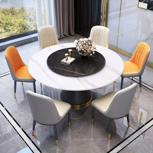 新款直销餐桌椅岩板组合圆形轻奢大理石圆桌简约现代带转盘小户型