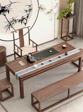 新中式茶合桌椅REQ组夫实木茶台家用小茶几北美胡桃木功白蜡木黑