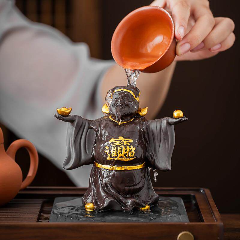 紫砂财神爷茶宠摆件家用招财进宝茶桌茶盘装饰品可养茶玩盖置配件