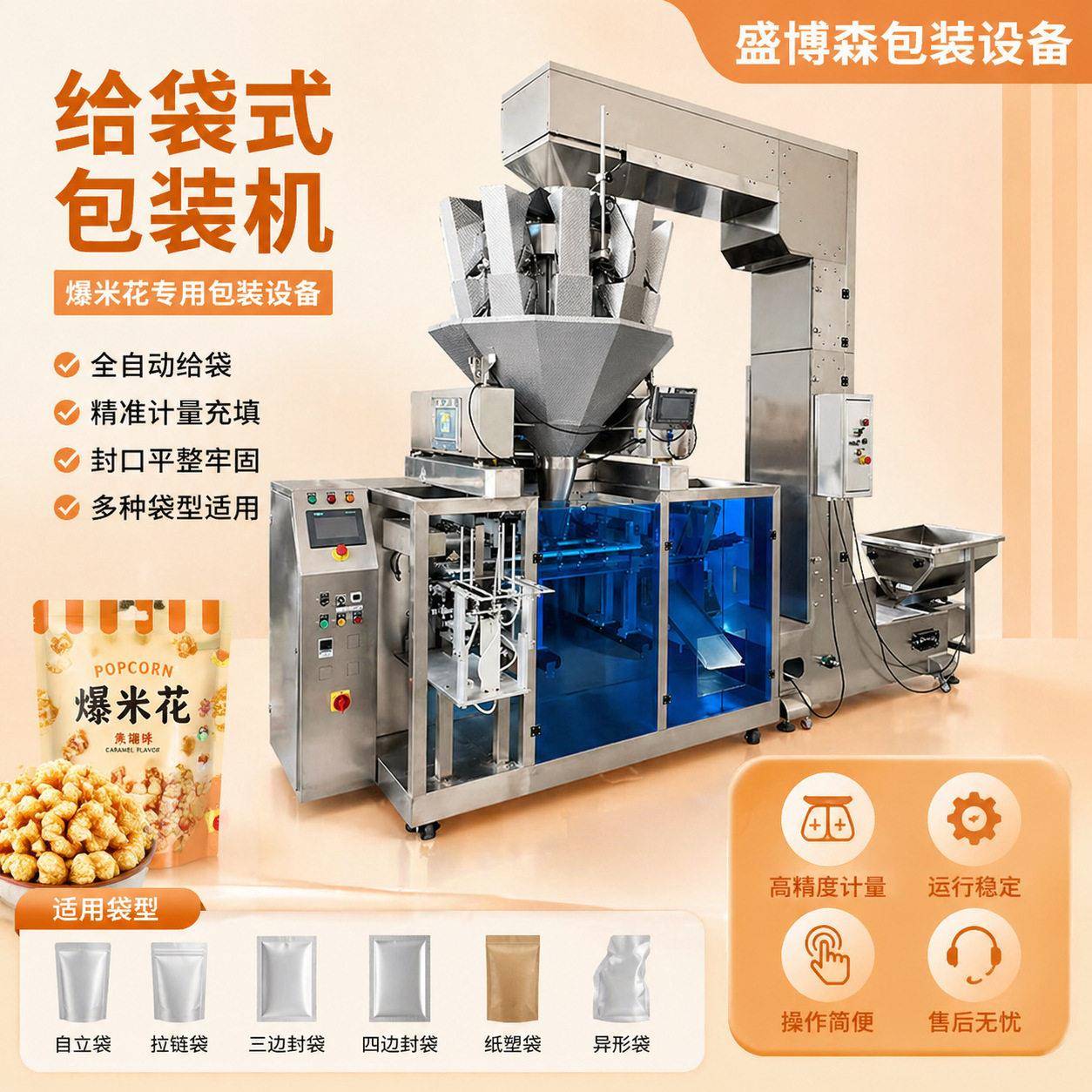 全自动爆米花包装机一斤装膨化食品自动称量封口给袋式包装机