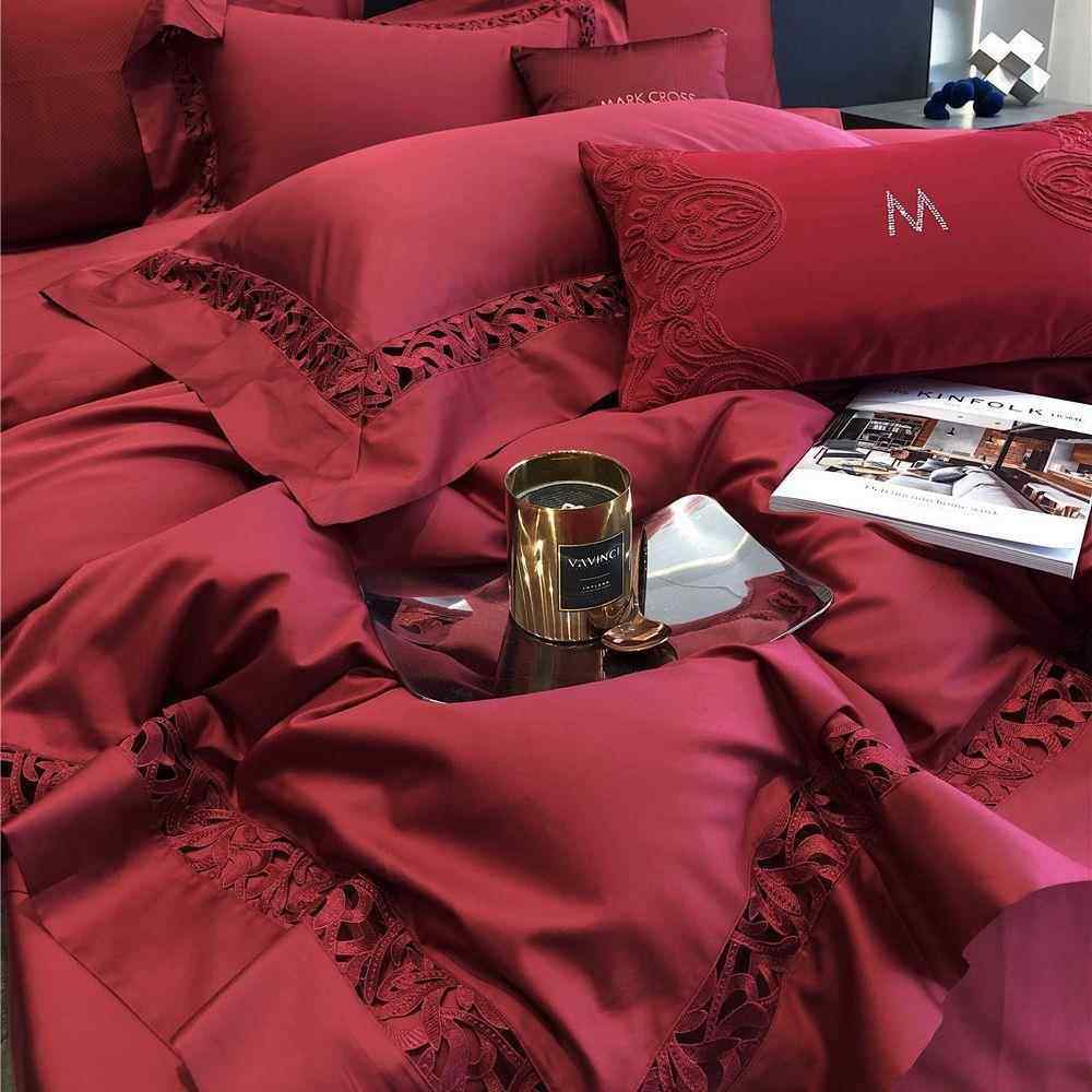 秋冬新轻奢婚庆四件套长绒棉纯色红色结婚被套床单床品