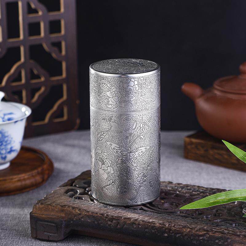 荣盛达新品手工錾刻花鸟锡罐纯锡茶叶罐密封罐茶仓茶储