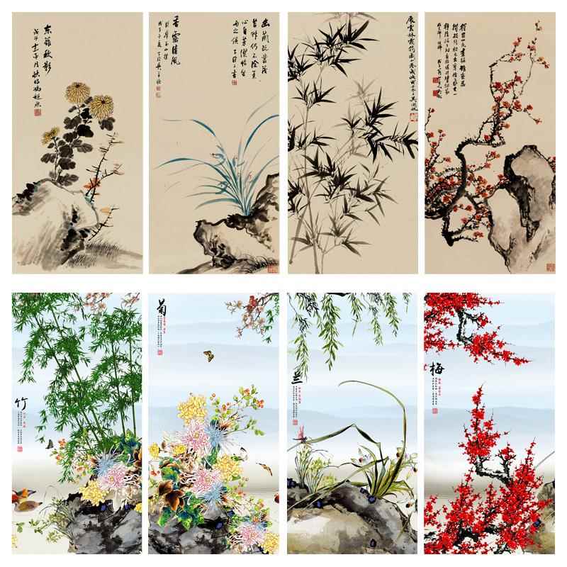 自粘墙纸墙壁贴画山水画风水画玄关背景墙复古花鸟梅兰竹菊装饰画