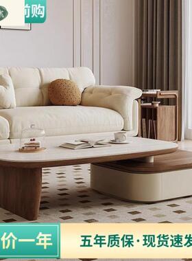 小户木型电视柜中古风胡桃圆形茶几电视缩组合HST家用客厅柜伸茶