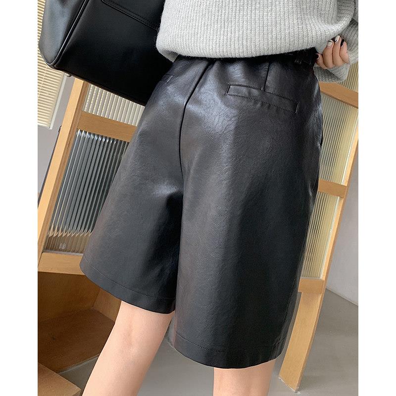 黑色皮短裤女春秋新款高腰显瘦宽松大码PU皮休闲a字五分阔腿中裤