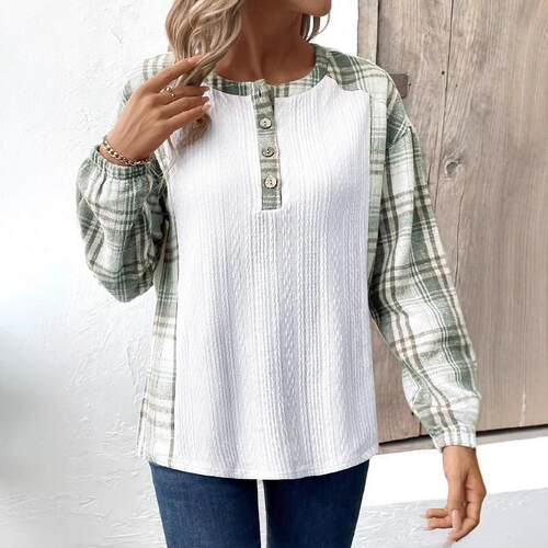 Women's plaid patchwork long sleeved shirt top