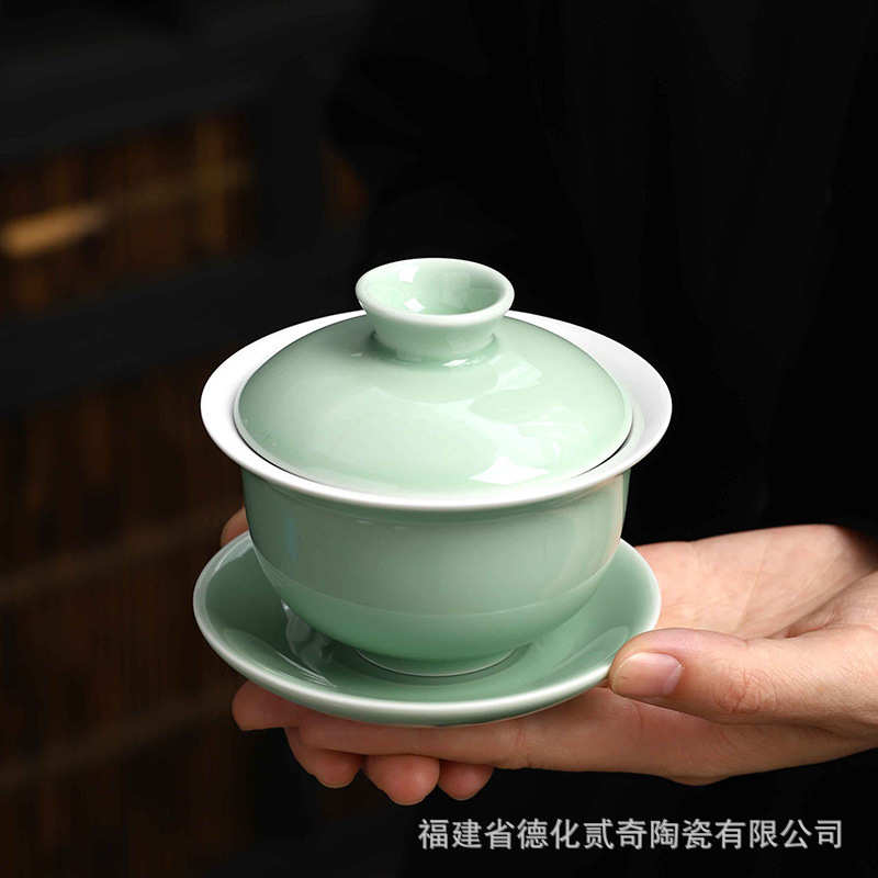 青瓷盖碗功夫茶具创意中式三才碗陶瓷茶碗家用办公泡茶敬茶碗盖杯