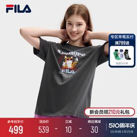 FILA 斐乐女子针织短袖衫2024夏时尚宽松纯棉猫咪刺绣T恤