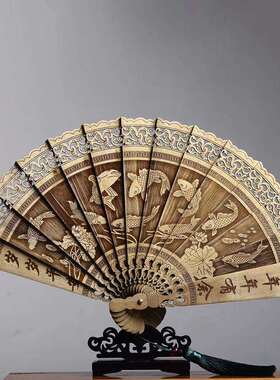 金丝楠木翎扇子雀羽扇镂空698雕花古折典中孔国风折叠装饰品中式