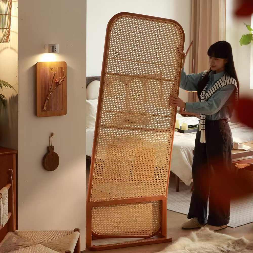中古藤编屏风移动入户正对门隔断客厅玄关座屏卧室实木沙发置物架