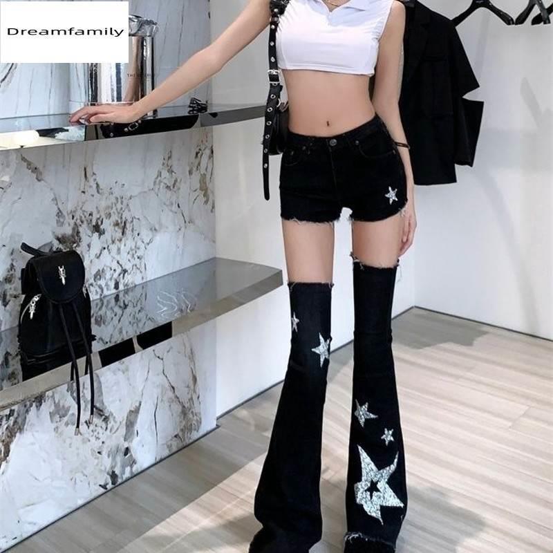 夏季修身显瘦微喇短裤腿套设计感小众独特别致辣妹两件套牛仔裤女