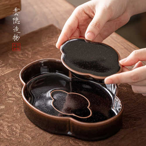 天目釉壶承新中式干泡台茶盘功夫茶具建水养壶托盘蓄水分体式海棠