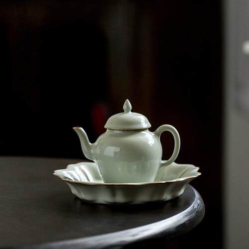 汝瓷九边陶瓷壶承景德镇古风开片茶壶底托家用干果盘小型干泡台