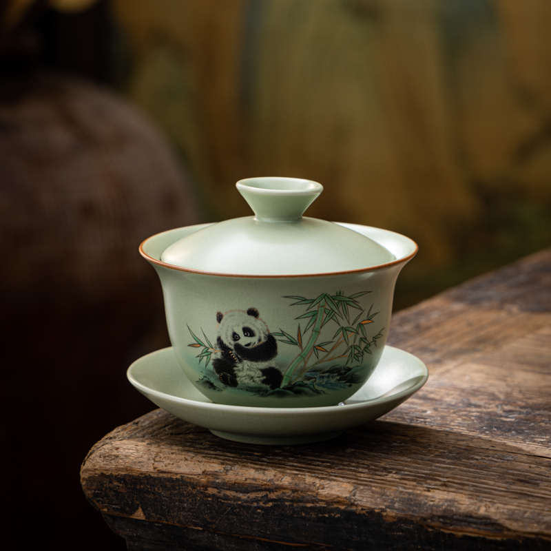 天青汝窑三才盖碗茶杯单个泡茶不烫手陶瓷开片可养冰裂釉功夫茶具