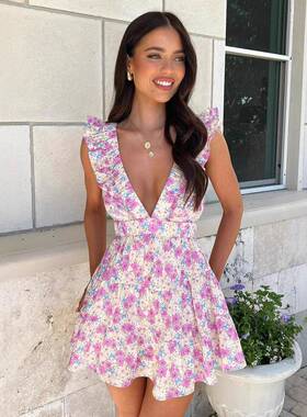 Deep V Plissé Summer Short Dress, Ruffled Sexy Wear, Women'