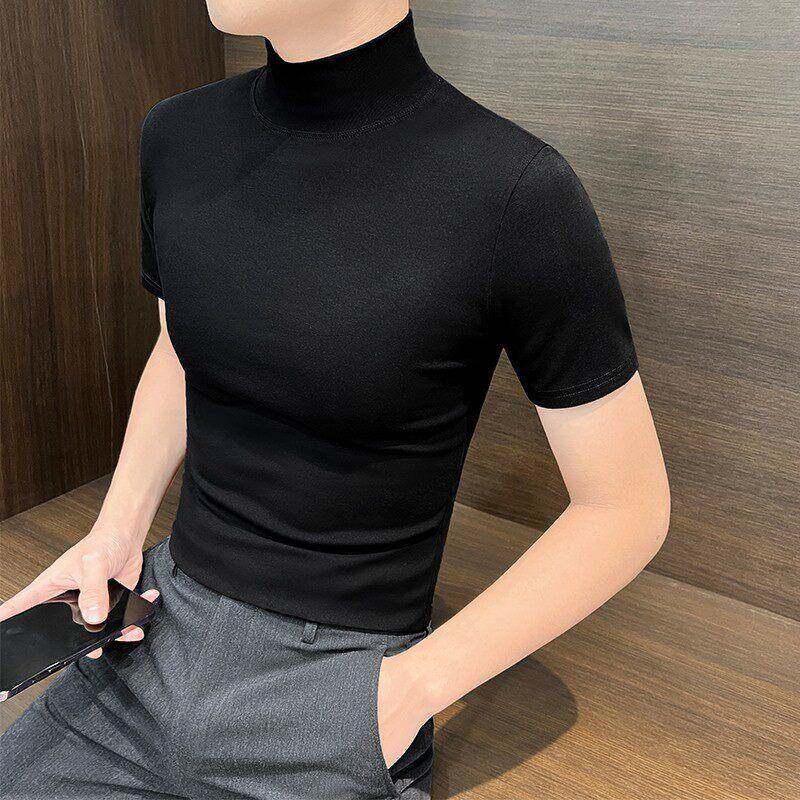 韩版潮流半高领修身短袖T恤男士休闲西服打底衫2026春夏新款上衣