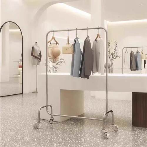 服装店展示架女装店不锈钢货架衣服架子落地式移动挂衣杆银色带轮