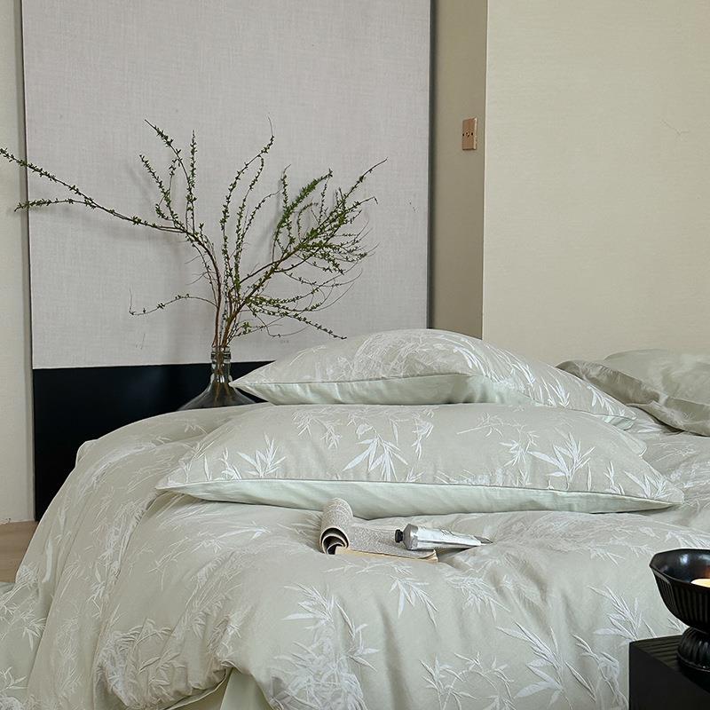 中国风竹叶60全棉色织提花四件套床笠款床上用品纯棉被套床单1.8