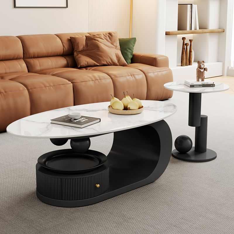 奶油风岩板茶几组合大小圆桌家用客厅小户型椭圆形耐磨轻奢茶几