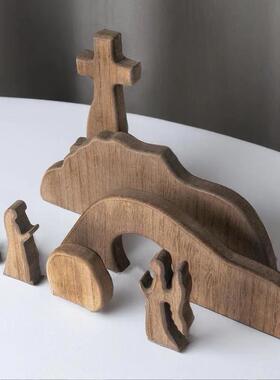 The empty tomb Easter Scene 十字架覆活节现场木制装饰桌面摆件