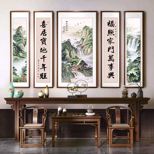 中堂画五联画客厅挂画中式别墅装饰画大气靠山国画办公室实木画