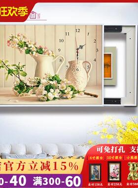电表箱装饰画免打孔可推拉带钟表配电箱电闸盒液压上翻开遮挡挂画