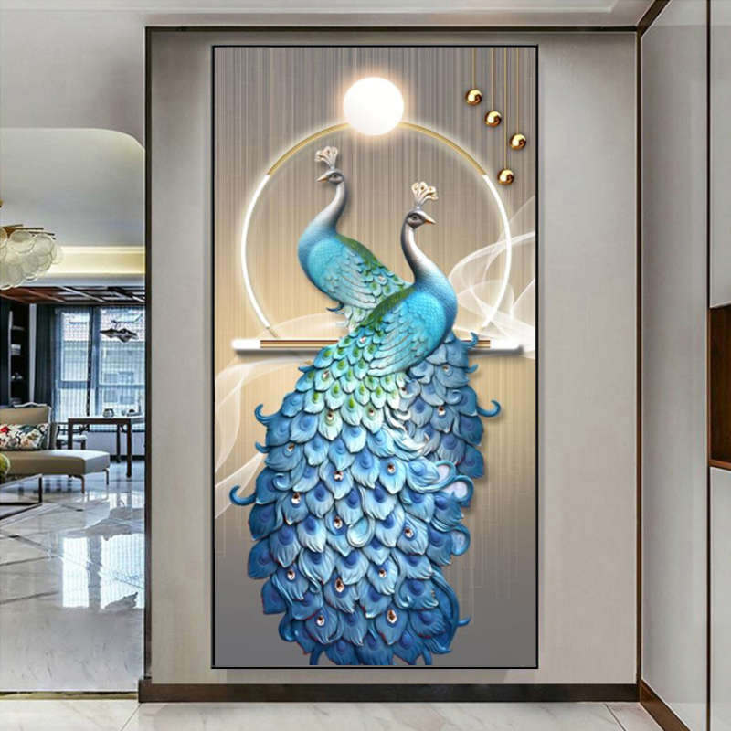 轻奢大气玄关装饰画高档孔雀走廊过道挂画楼梯口大幅晶瓷壁画图片