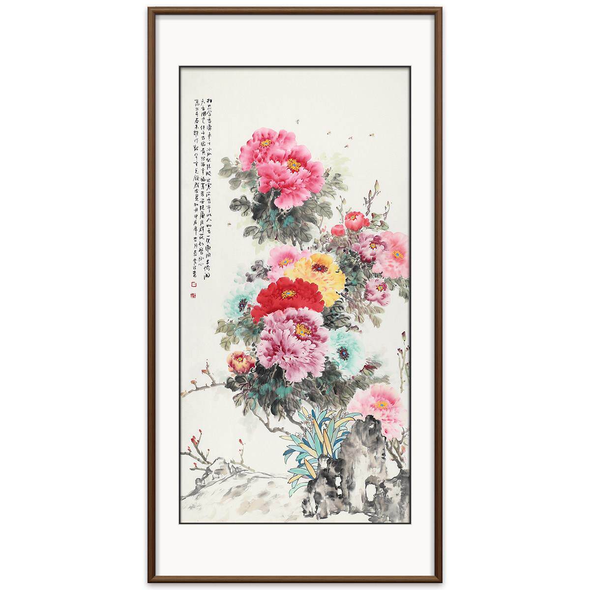 2024年新款牡丹玄关国画新中式装饰画美协名家真迹手绘走廊过道画