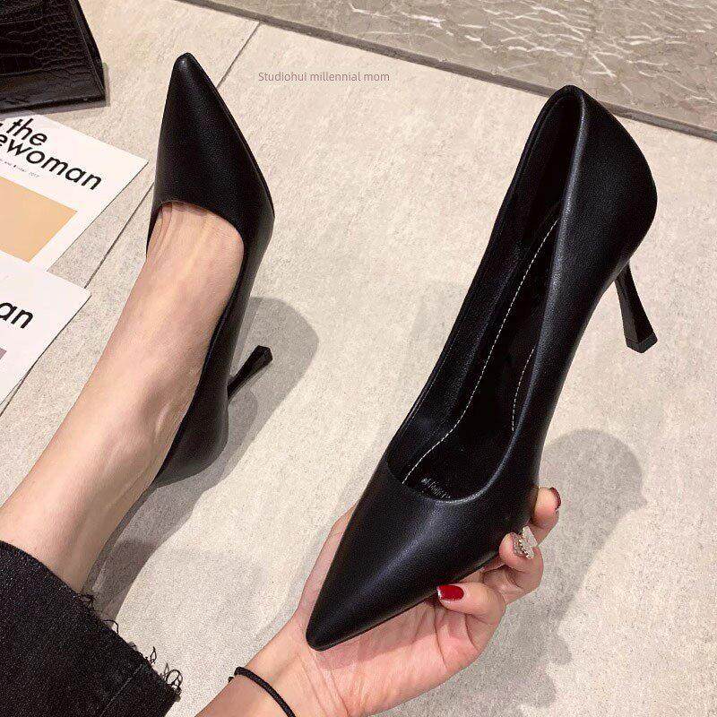 香港真皮尖头黑色高跟鞋女士2025新秋季浅口平底鞋细高跟不累工作