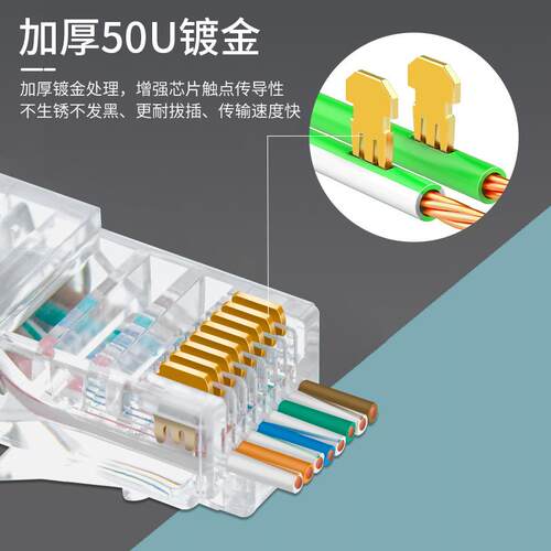 三堡 六类通孔式水晶头RJ45非屏蔽网络水晶头8P8C水晶头纯铜镀金