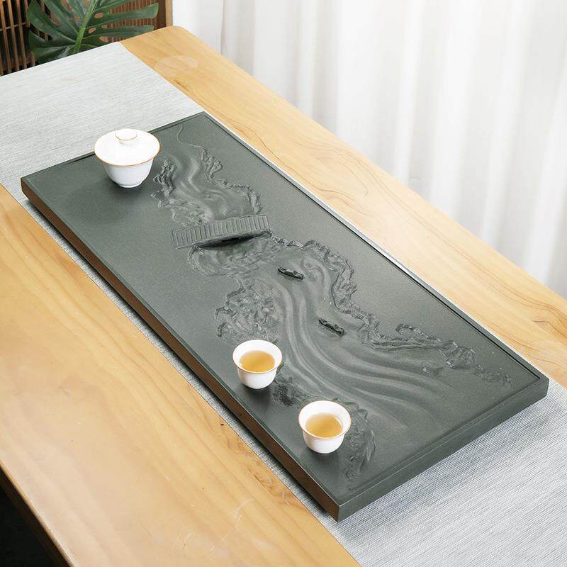 乌金石茶盘家用泡茶石头茶台简约轻奢茶海黑石浮雕排水盘功夫茶具