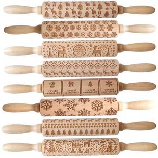 Wood Christmas Printing Rolling Pin Wooden Carvings Embossin